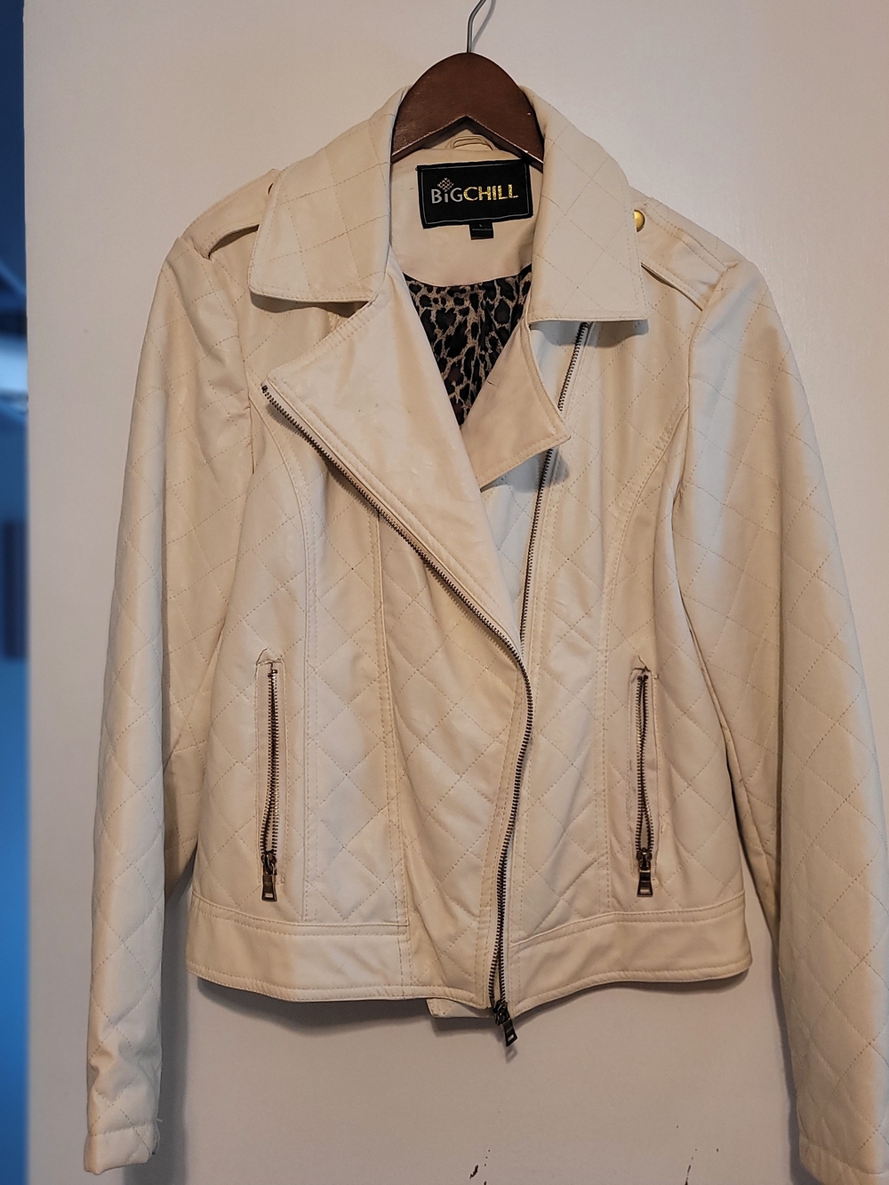 Big Chill White Quilted Moto Jacket with Leopard Lining